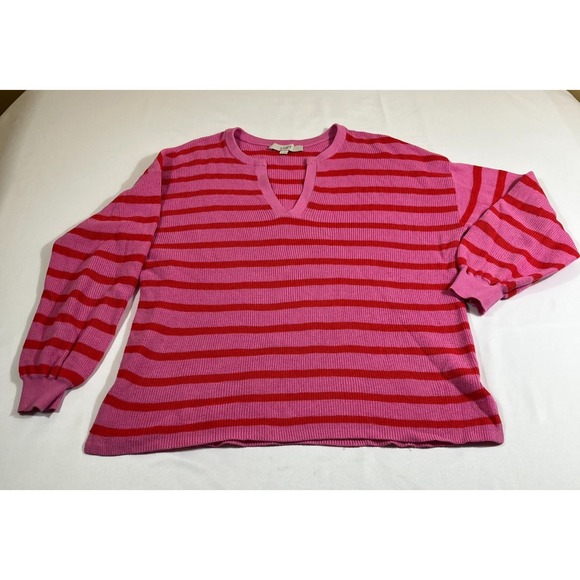 LOFT Sweaters - Loft Sweater Womens Medium M Pink Red Striped Cotton Knit V-Neck Pullover Slouch